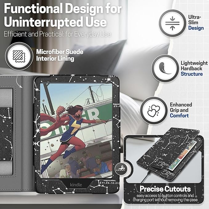 TNP Stand Case for Kindle Paperwhite 12th Generation 2024 / Kindle Colorsoft Signature Edition with Hand Strap & Card Slot - 7" PU Leather Protective Folio Cover with Auto Wake/Sleep, Constellation