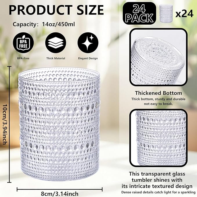 YOUBET 24PCS Plastic Hobnail Drinking Glasses - 14 Oz Clear Vintage Glasses Drinkware - Disposable Beaded Cups for Juice, Wine, Party