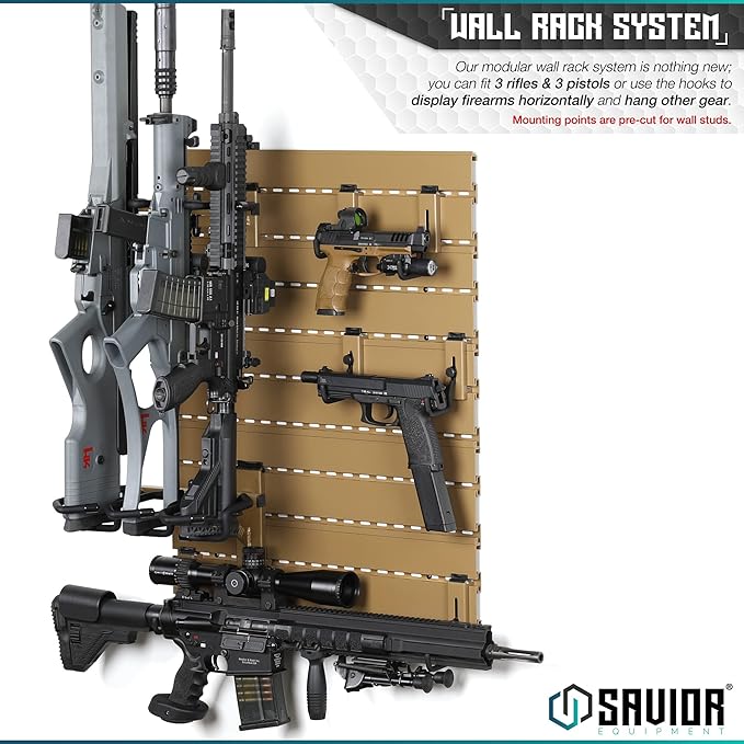 Savior Equipment Wall Rack System Heavy-Duty Steel Tactical Rifle Carbine Shotgun Handgun Storage Wall Mount, Modular Firearms Gun Wall Gear Accessories Organizer, Holds up to 6 Rifles & 6 Pistols