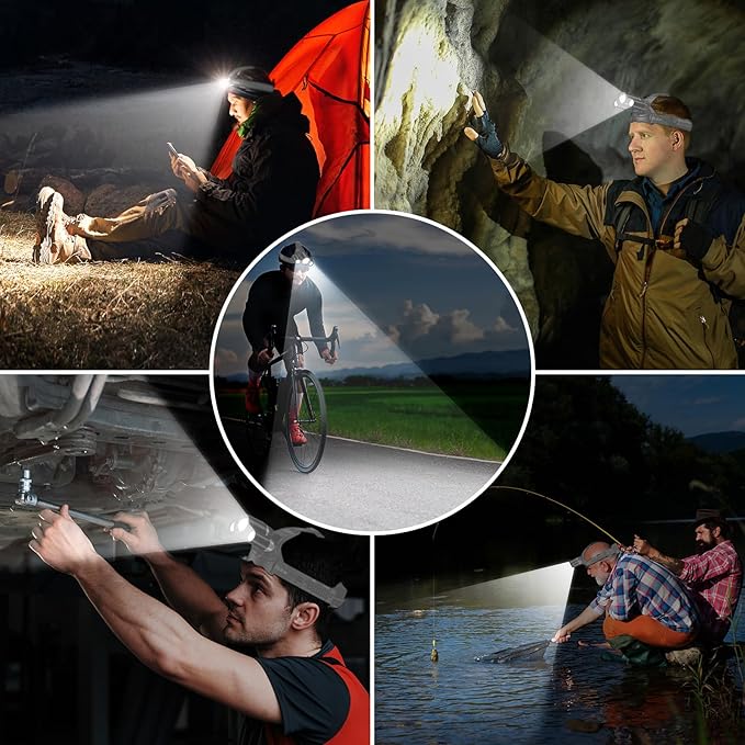 Blukar LED Headlamp, Super Bright Rechargeable Headlight Flashlight - 3 Lights 5 Modes,Zoomable,Spotlight&Floodlight Combination, IPX6 Waterproof, 20+Hrs Runtime for Running,Hiking-Gray