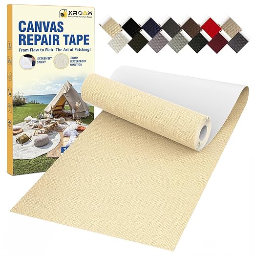 Canvas Repair Tape, 3.2 x 63 Inch Waterproof Heavy Duty Fabric Tape for Furniture, Self Adhesive Canvas Repair Patches for Boat Covers, Sofas, Tents, Louge Chairs, Canopy, Awning Beige Yellow