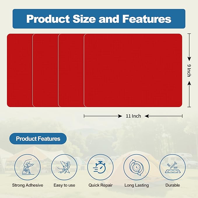 KING MOUNTAIN Self Adhesive Nylon Fabric Repair Patch, 9×11 Inches 4 Pcs, Quick Down Jacket Repair Patch, Waterproof Outdoor Gear Patch Kit for Tent,Backpacks,Umbrella, Gloves, Sleeping Bag (Red)