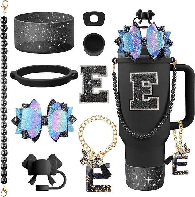 9PCS Black for Stanley Cup Accessories Set Bling Initials Bow Charms for Stanley Decorations 30/40 Oz Tumbler Accessories Including Bow Straw Topper, Handle Strap, Spill Stopper（Letter E）