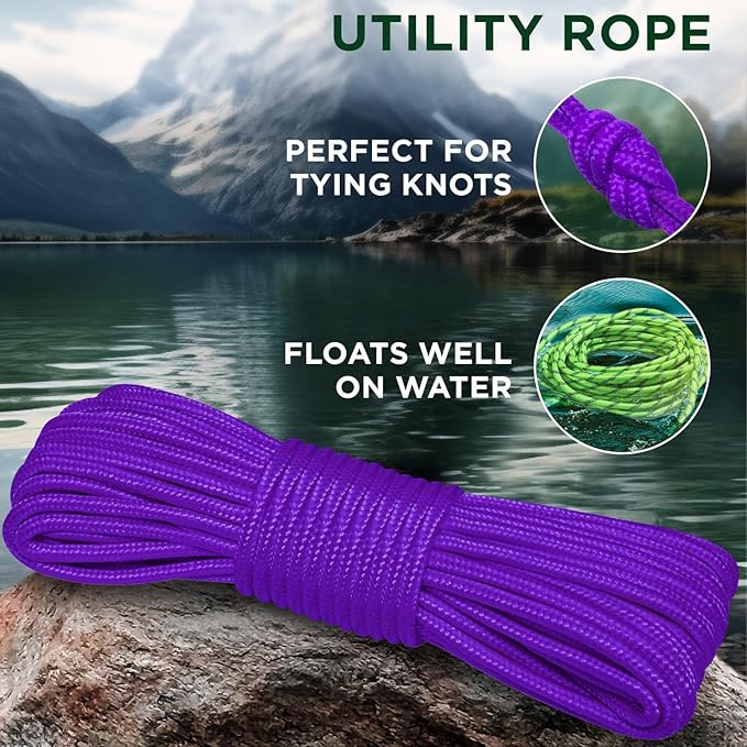TECEUM Rope – 150 Feet x 1/4 Inch (7mm) – Purple – Strong All-Purpose Utility Rope – Camping, Crafting, Flag Pole, Indoor & Outdoor – Polypropylene Nylon Poly Lightweight Diamond Braided Cord