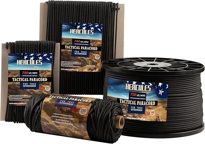 HERCULES 750lb Paracord 4mm 11 Strands Tactical Parachute Cord, 50' 100' 250' 1000' Utility Rope for Camping, Survival, Outdoor Gear (Black, 1000FT)