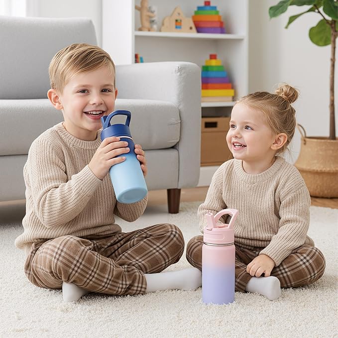 Fijinhom 12oz Kids Water Bottle for School, Toddler Bottles with Straws, Stainless Steel Vacuum Insulated Water Bottle for Boys&Girls, Leak-Proof, BPA-Free, Luck