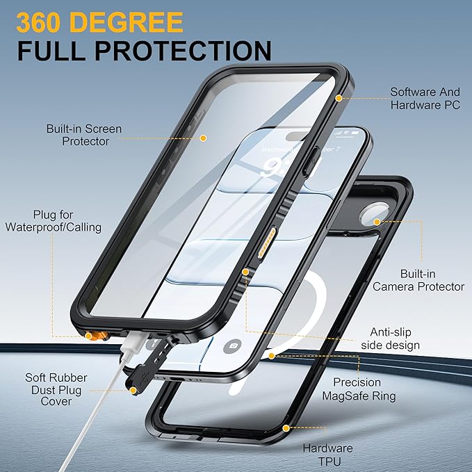 ANTSHARE for iPhone Air Case, Compatible with Magsafe, IP68 Waterproof Case, [Built-in Screen Protector] - 12 FT Military Dropproof - Full Body Heavy Duty Rugged Phone Cover - Black/Clear