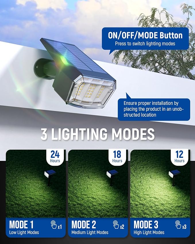 AUDERWIN Solar Spot Lights Outdoor 63 LED 3 Lighting,Waterproof IP65 Modes Spotlights for Outside House Yard Garden Landscape Lights 4 Pack (Natural Light)