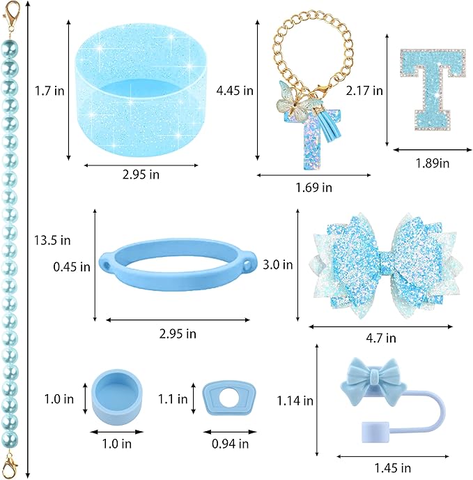 9PCS Blue for Stanley Cup Accessories Set Bling Initials Bow Charms for Stanley Decorations 30/40 Oz Tumbler Accessories Including Bow Straw Topper, Handle Strap, Spill Stopper（Letter T）