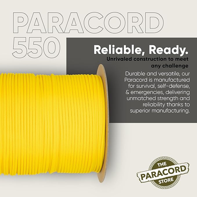 The Paracord Store | Type III 550 Paracord - 1000 FT Spool, Canary Yellow | Heavy Duty 7 Strand Tactical Paracord - USA Made Nylon Outdoor Parachute Cord for Camping, Fishing & More - Survival Cord
