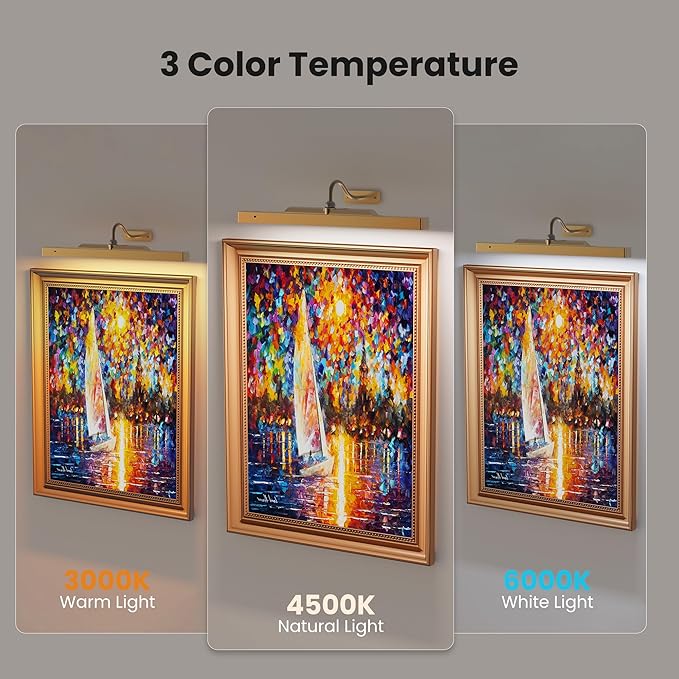 Picture Light Battery Rechargeable, 3Pack Picture Light for Wall with Remote, 3 Color Modes and Dimmable Classic Art Lights for Paintings, Pictures in Gallery, Bedroom, with Timer_Antique Gold
