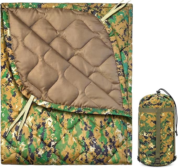 Insulated Camping Blanket | Military Poncho Liner for Hiking Backpacking Travel Hunting & Survival Gear, Water Resistant Outdoor Blanket with Lightweight & Packable Compression Bag (Camo)