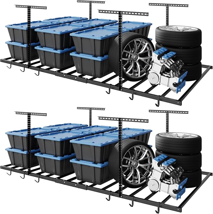 FLEXIMOUNTS 4x8 Overhead Garage Storage Rack with 6 Hooks, Adjustable Storage Organization System, Heavy-Duty Metal Ceiling Racks, 22.6" -39.4" Ceiling Dropdown, 2 Pack, Black, Lite Series