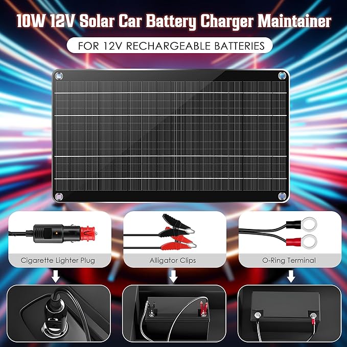 Saillong 10W 12V Solar Car Battery Charger Maintainer, Waterproof Solar Panel Portable Solar Trickle Charger with Cigarette Lighter Plug Alligator Clip for Car Motorcycle Boat Marine RV