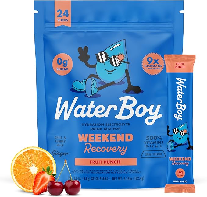 Waterboy Weekend Recovery | 3,200mg Electrolyte Powder Packets | Ginger + L-Theanine + Vitamins | No Sugar, All Natural, Gluten Free | 24 Drink Stick Mixes (Fruit Punch)