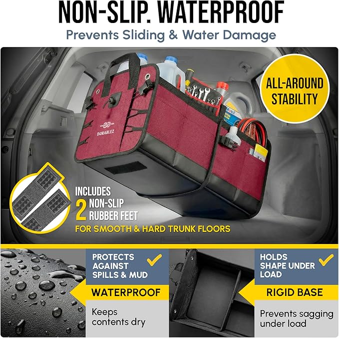 5-Section Trunk Organizer for SUV, Truck, Sedan, Van – Modular Extra Large Cargo Storage Bin, Detachable Car Trunk Organizer with Dividers, Collapsible Auto Organization System – Cherry Red