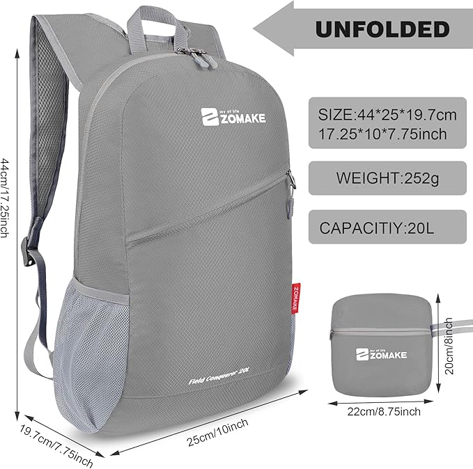 ZOMAKE Lightweight Packable Backpack,Foldable Backpacks Small Daypack for Hiking Water Resistant Day Bag for Travel(Silver Grey)