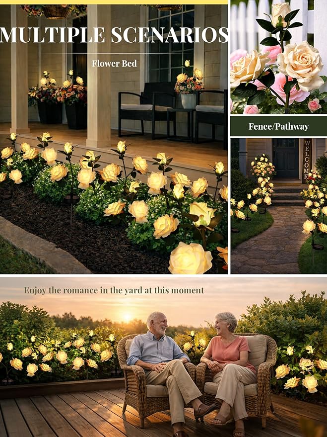 GIGALUMI Solar Lights Outdoor for Garden Decor, 3 Pack Solar Flower Lights Waterproof, 2 Lighting Modes 9 Roses for Pathway,Yard, Patio Decoration, Gardening Gifts for Women (Yellow)