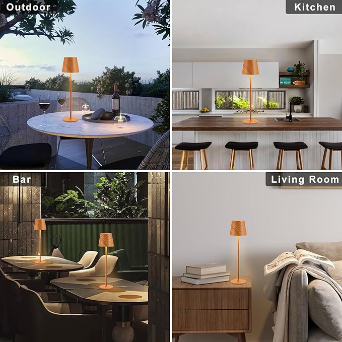 Kakanuo Cordless Table Lamp Rechargeable - Wood Grain 2 Pack 5000mAH Battery Operated Lamp for Counter, 3 Color Stepless Dimming Wireless Lamp for Dining Kitchen, Outdoor Patio, Touch Control