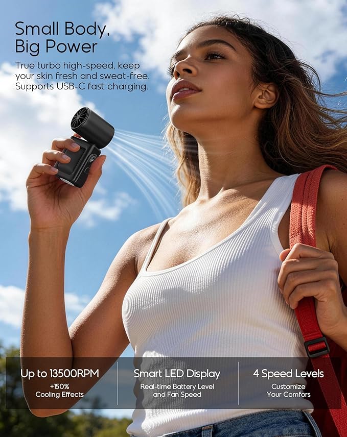 Portable Clip-On Mini Fan, Hands-Free, Turbo Personal Handheld Fans Rechargeable w/ 4 Wind & LED Display, Pocket Size Summer Essentials for Travel/EyeLash/Beach/Concert, Gifts for Women Men(Black)