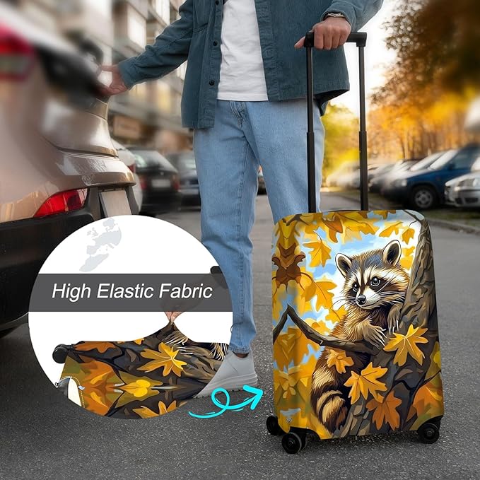 Luggage Cover Protector for 26-28 Inch Suitcases, TSA Approved Elastic Travel Suitcase Covers, Anti-Scratch Washable Luggage Sleeve for Carry On & Checked Bags, Raccoon Perched