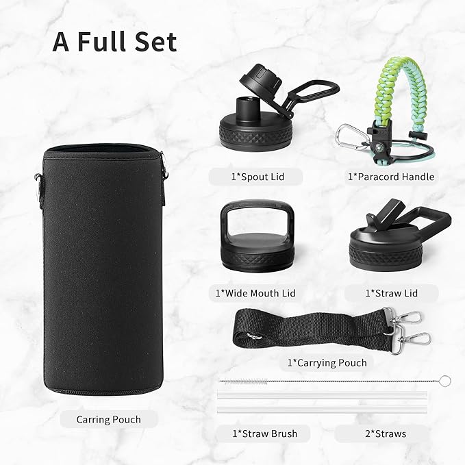 Trebo 32 oz Water Bottle Insulated with Lid and Straw, Triple Wall Vacuum Stainless Steel Sports Flask with Paracord Handle, Keep Hot 24 Hours & Cold 48 Hours Water Cup with 3 Lids, Dark Green