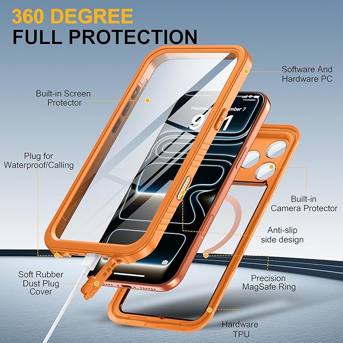 ANTSHARE for iPhone 17 Pro Max Case, Compatible with Magsafe, IP68 Waterproof Case, [Built-in Screen Protector] - 12 FT Military Dropproof - Full Body Heavy Duty Rugged Phone Cover - Orange/Clear