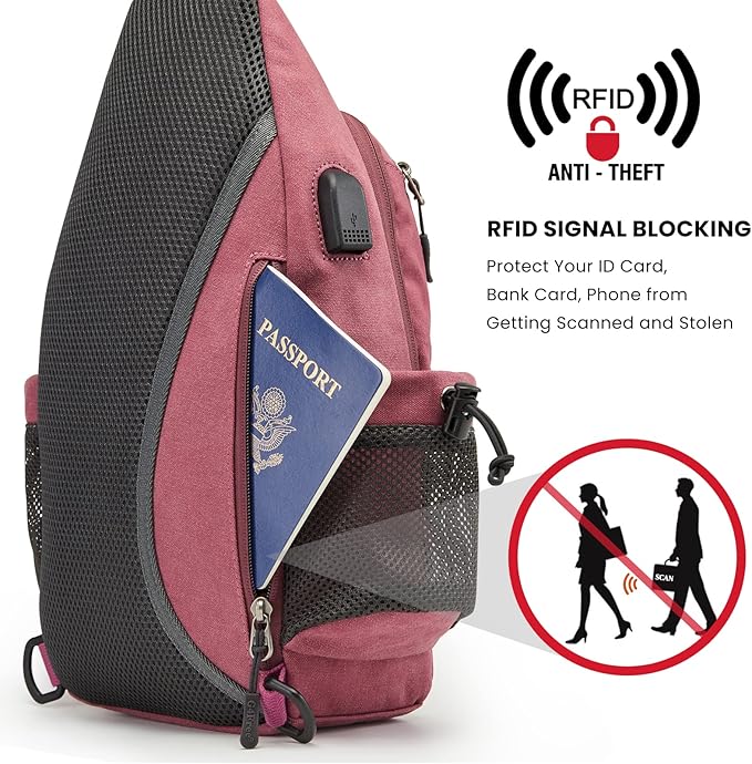 G4Free Canvas Sling Bag Crossbody Backpack with USB Charging Port & RFID Blocking, Hiking Daypack Chest Bag for Women Men