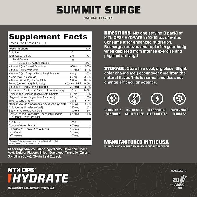 MTN OPS Hydrate Low Sugar Electrolyte Powder Drink Mix with 1g D-Ribose Sugar, 1000mg Electrolytes, On-The-Go Packs, 20 Stick Packs, Hush Summit Surge