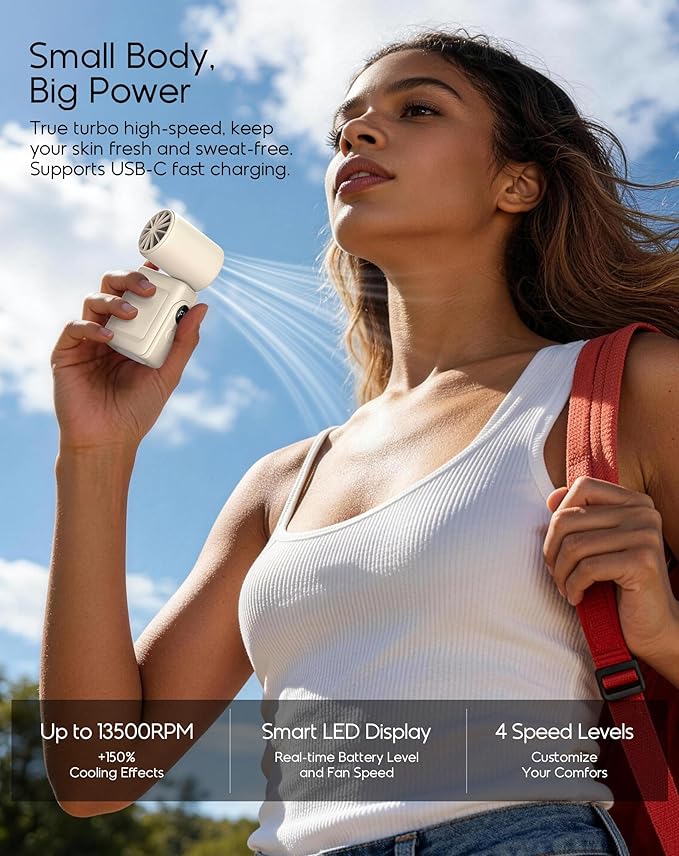 Portable Clip-On Mini Fan, Hands-Free, Turbo Personal Handheld Fans Rechargeable w/ 4 Wind & LED Display, Pocket Size Summer Cooling Essentials for Travel/EyeLash/Beach/Concert, Gifts for Women(Ivory)