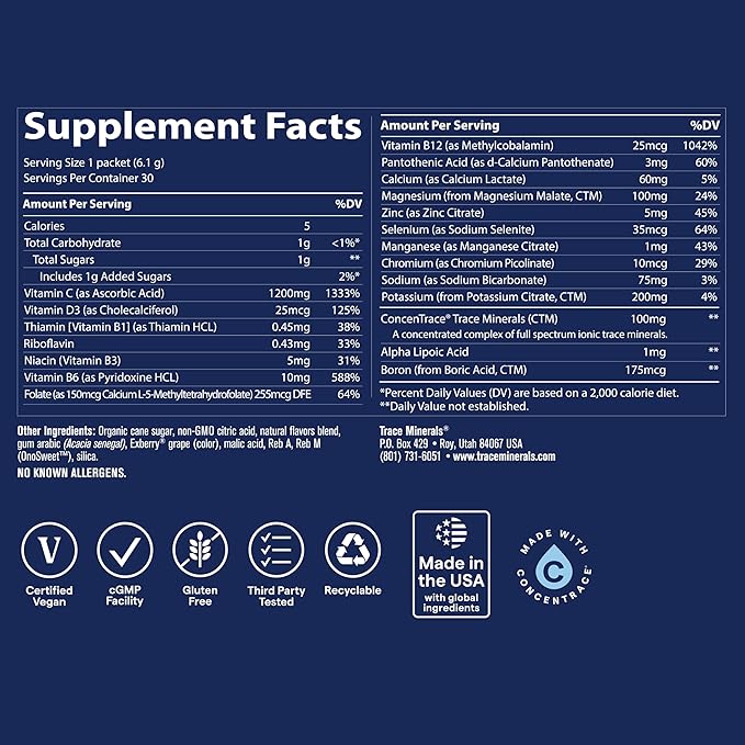 Trace Minerals | Power Pak Electrolyte Powder Packets | 1200 mg Vitamin C, Zinc, Magnesium | Boost Immunity, Hydration and Natural Energy | Mixed Berry | 30 Packets