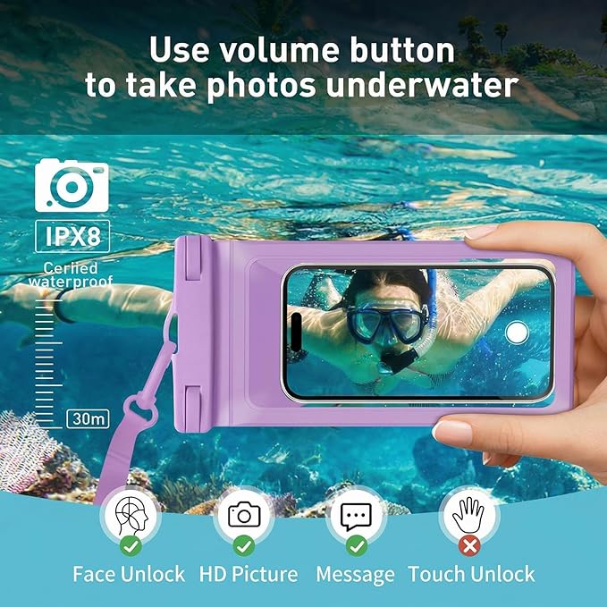 Waterproof Phone Pouch, with Interior Card Pocket, Large Waterproof Phone Case for iPhone 17 16 15 14 Pro Max, IPX8 Lightweight Phone Dry Bag, Beach Cruise Ship Essential,2 Pc-Blue+Purple-8.3″