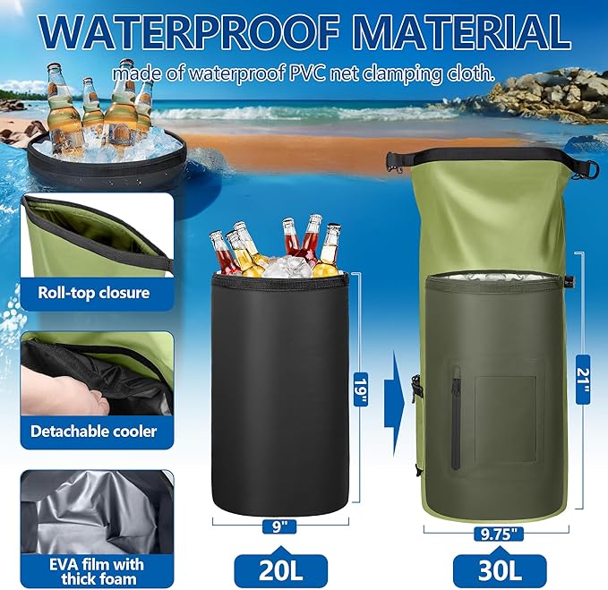 Smasrob 30L Waterproof Dry Bag with 20L Detachable Cooler, Dry Bag Cooler Backpack with Phone Pocket and Bottle Pouch, Suitable for Kayaking, Boating, Camping and Water Activities