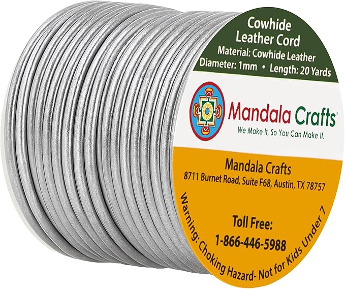 Mandala Crafts Round Genuine Silver Leather Cord for Jewelry Making – 1mm Cowhide Leather Rope String Lace for Kumihimo – 20 Yards Cowhide Craft Cording Spool
