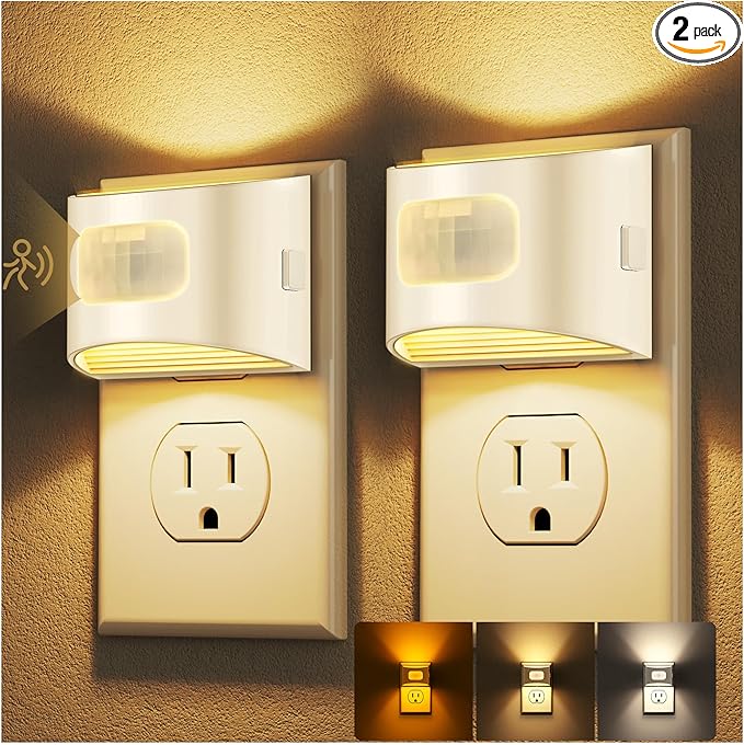 DORESshop LED Night Light[2 Pack], Night Lights Plug into Wall, 3 Color Temperatures Plug in Night Light with Motion Sensor, Dusk to Dawn Sensor, Nightlights for Adults, Bedroom, 3CCT, White Cover