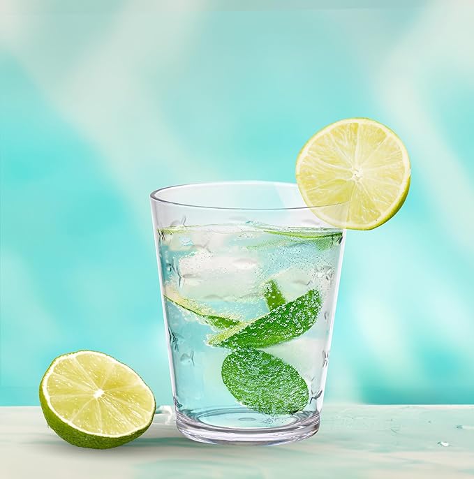 KLIFA- CHARLESTON- 16.5 & 19 oz, Set of 8, School of Fish Acrylic Drinking Glasses, BPA-Free, Stackable Plastic Drinkware, Dishwasher Safe Cups, Clear