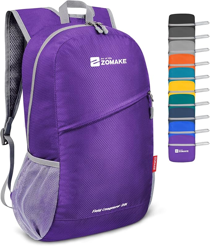 ZOMAKE Lightweight Packable Backpack 20L, Foldable Backpacks Small Daypack for Hiking Water Resistant Day Bag for Travel(Purple)