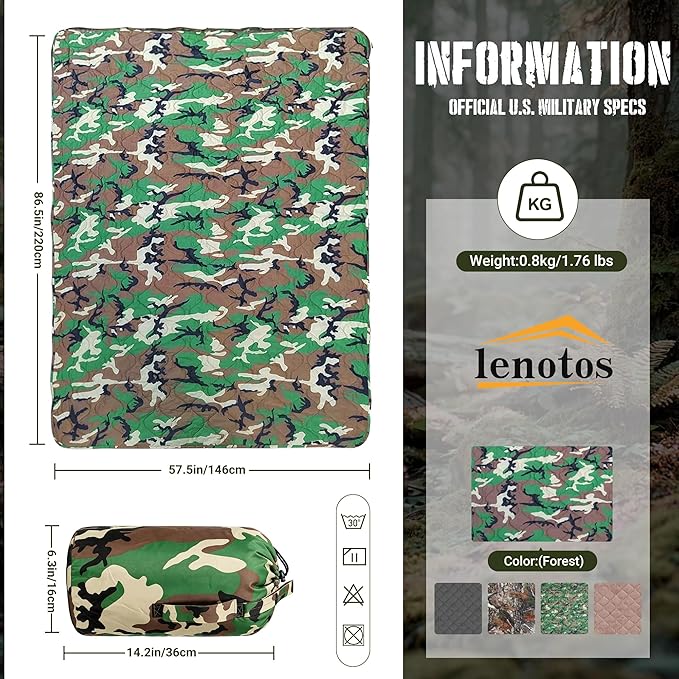 Lenotos Woobie Blanket, Thermal Insulated Military Poncho Liner, Water-Resistant, Portable, Insulation, for Hiking, Survival with Compression Carry Bag (Forest)