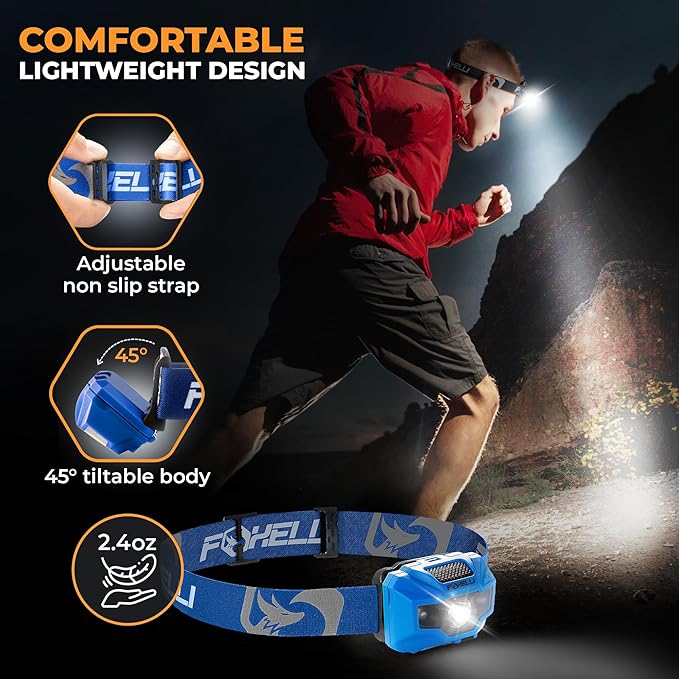 Foxelli USB‑C Rechargeable LED Headlamp – Ultra‑Light 2.4 oz & Bright 180 Lumens – Red/White Light, 5 Modes, IPX5 Waterproof, 40 h Runtime for Trail Running, Camping, Hiking