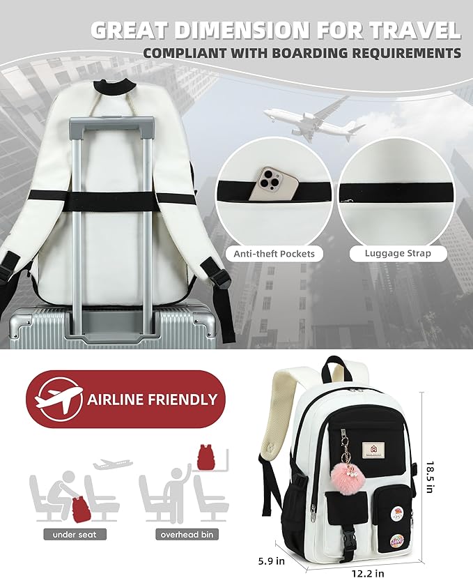 Hidds Laptop Backpacks 15.6 Inch School Bag Elementary Middle High College Backpack Cute Bookbags Anti Theft Travel Back Pack Casual Daypack Kids Book Bag for Teens Girls Women Students-Black Beige