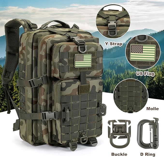 Hannibal Tactical MOLLE Assault Backpack, Tactical Backpack Military Army Camping Rucksack, 3-Day Pack Trip w/USA Flag Patch, D-Rings, Polish Camo
