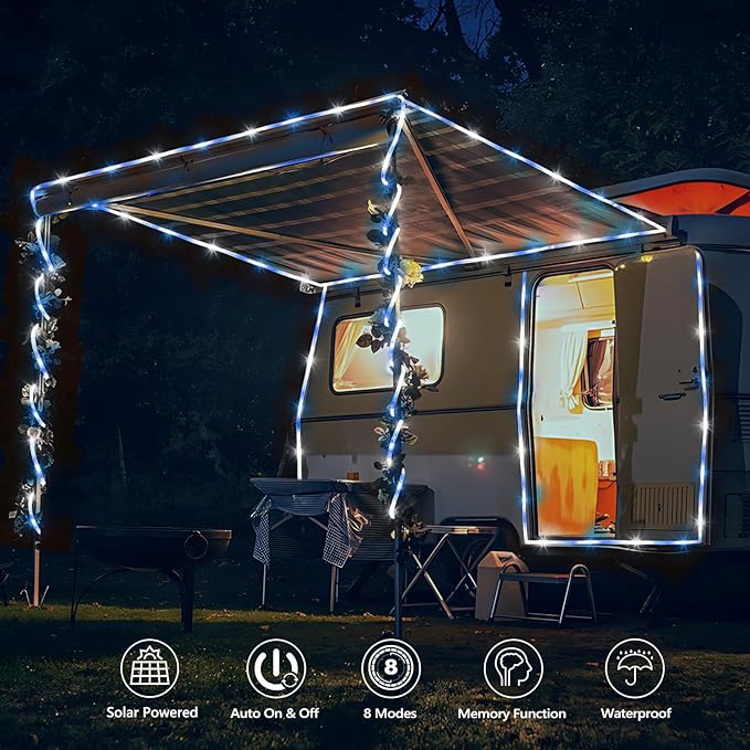 Solar Rope Lights, 66ft 200LED Solar String Lights, 8 Modes Waterproof Solar Powered Outdoor Light, Flexible Clear Tube Light for Garden Backyard Patio Deck Porch Pool Tree Christmas Decor -White&Blue