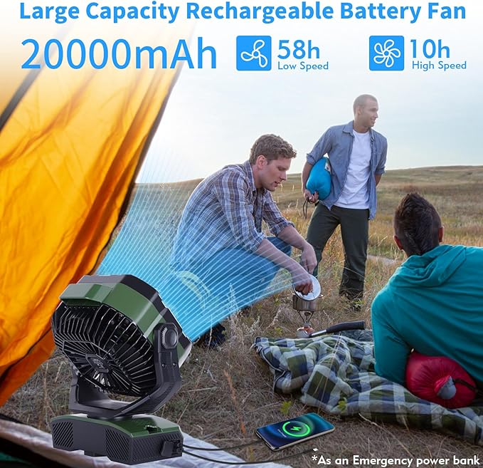 WESTTREE Camping Fan 20000mAh Rechargeable Battery Operated fan Outdoor Tent Fan with Light & Hook, knob Speeds, Personal USB Desk Fan for Camping, Power Outage Jobsite Green X68