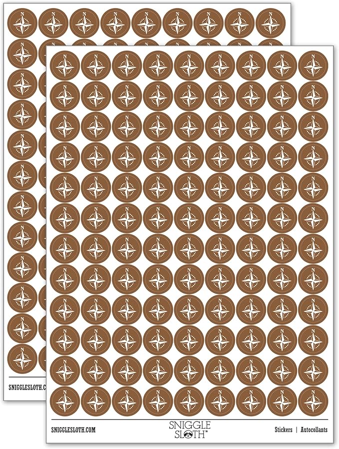 Compass Rose Nautical Star Navigation Map 200+ Round Stickers - Gloss Finish - 0.50" Size - Brown