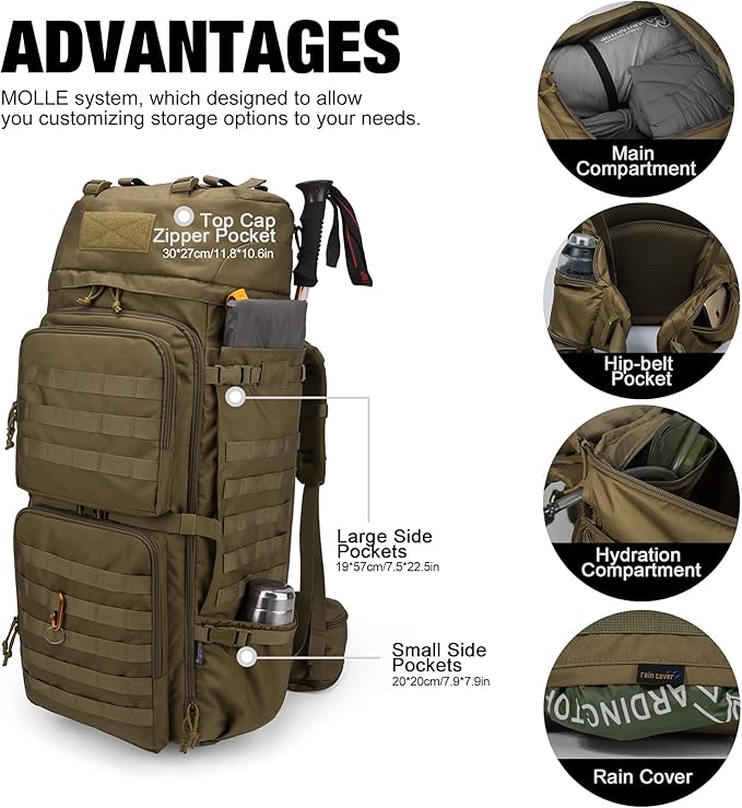 Mardingtop 75L Molle Hiking Internal Frame Backpacks with Rain Cover for Camping,Backpacking,Travelling(Khaki)