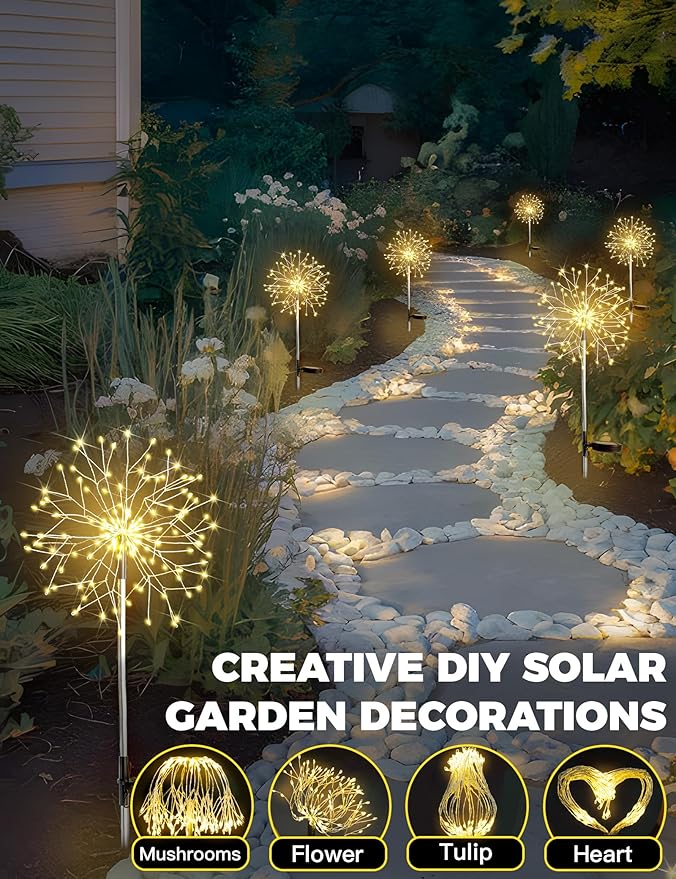 suddus Solar Garden Lights Outdoor Waterproof Decorative, 4Pack 150LED Firework Lights, Solar Fairy Lights for Yard, Garden, Patio, Pathway, Flowerbed, Party, Wedding Outside Decor- Warm White