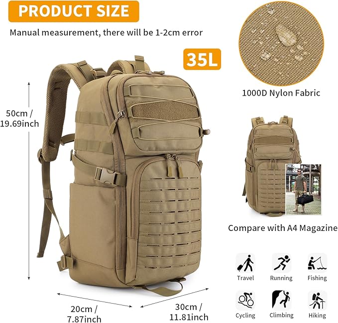 HUNTVP Tactical Backpack for Men 35L Military Backpack MOLLE 1000D Army Daypack 3 Day Bug Out Bag for Work Camping Hiking Outdoor, Brown