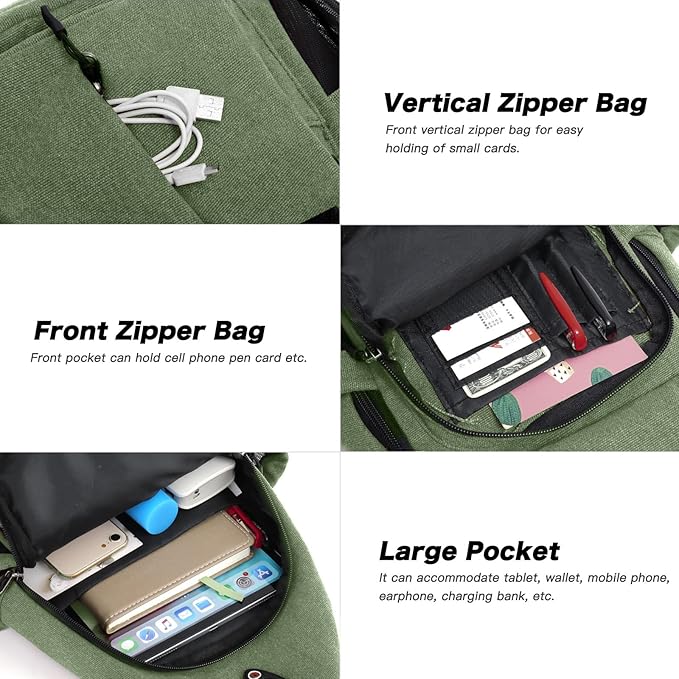 MOSISO Sling Backpack,Canvas Crossbody Hiking Daypack Bag with Anti-theft Pocket, Army Green