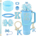 9PCS Blue for Stanley Cup Accessories Set Bling Initials Bow Charms for Stanley Decorations 30/40 Oz Tumbler Accessories Including Bow Straw Topper, Handle Strap, Spill Stopper（Letter K）