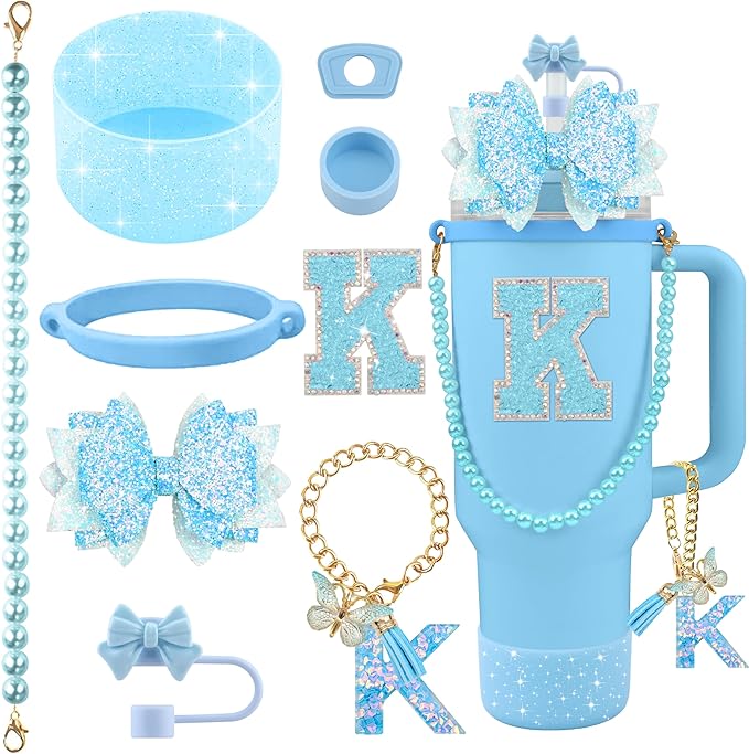 9PCS Blue for Stanley Cup Accessories Set Bling Initials Bow Charms for Stanley Decorations 30/40 Oz Tumbler Accessories Including Bow Straw Topper, Handle Strap, Spill Stopper（Letter K）